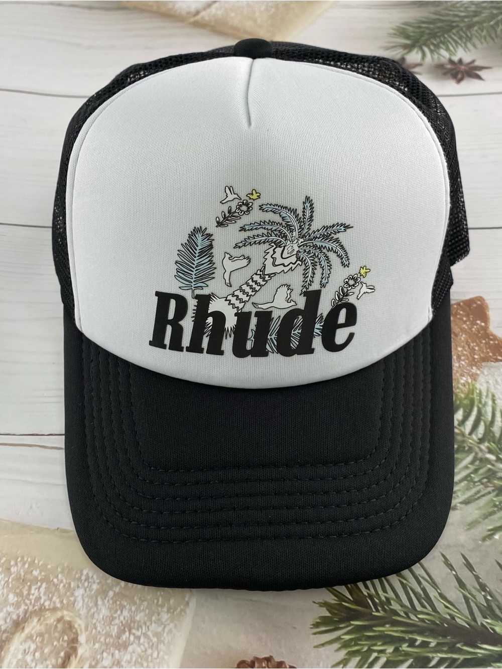 Rhude Black and White Palm Logo Trucker Cap